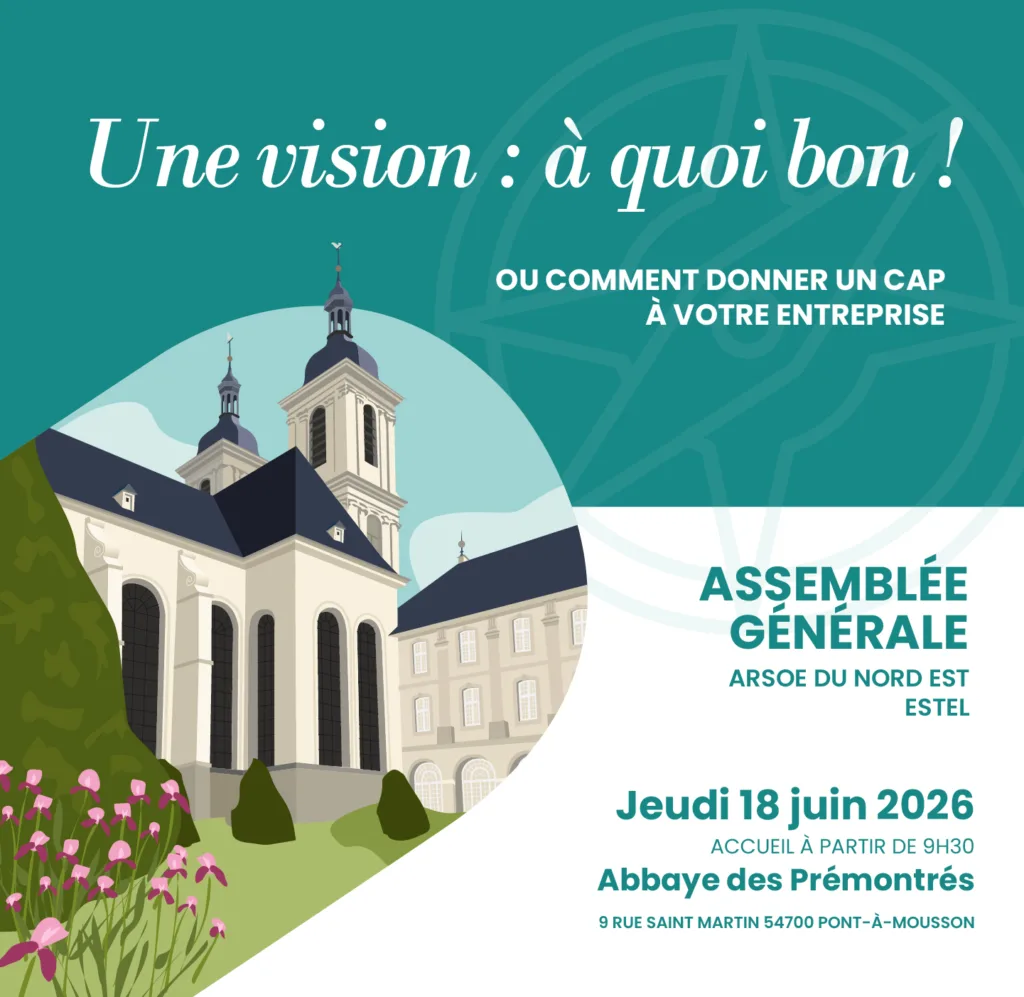Poster announcing theAssemblée Générale event: date, venue Abbaye des Prémontrés, with illustration of a church and garden in teal tones.