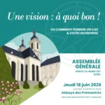Poster announcing theAssemblée Générale event: date, venue Abbaye des Prémontrés, with illustration of a church and garden in teal tones.