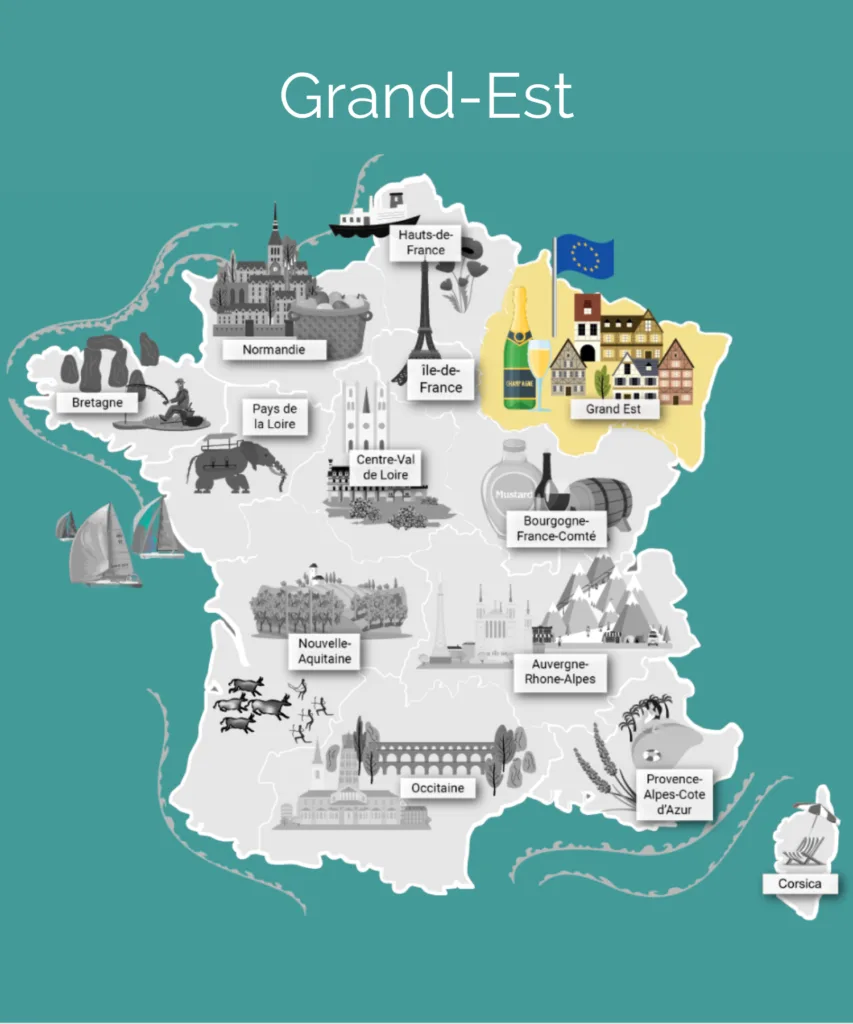 Illustrated map of France highlighting the Grand-Est region in yellow with regional icons like champagne and houses on the right side.
