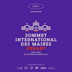Purple conference poster announcing the Urban7 (Sommet International des Maires) summit in Nancy, June 3–4, 2026, with a white architectural emblem and French subtitle.